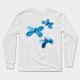 watercolor butterflies and flowers in blue, seamless repeat pattern Long Sleeve T-Shirt